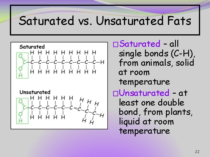 Saturated vs. Unsaturated Fats �Saturated – all single bonds (C-H), from animals, solid at