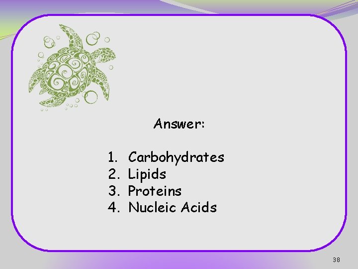 Answer: 1. 2. 3. 4. Carbohydrates Lipids Proteins Nucleic Acids 38 