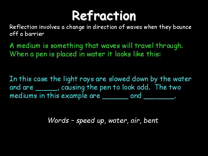 Refraction Reflection involves a change in direction of waves when they bounce off a