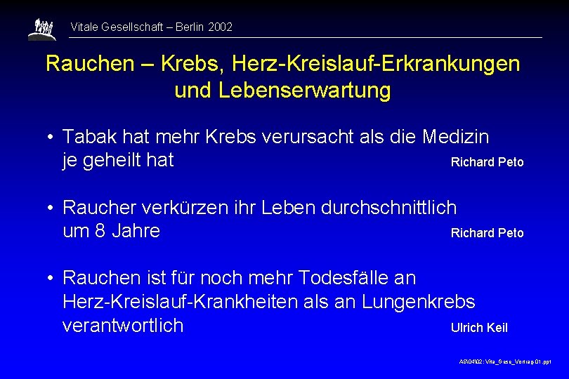 Vitale Gesellschaft – Berlin 2002 Rauchen – Krebs, Herz-Kreislauf-Erkrankungen und Lebenserwartung • Tabak hat