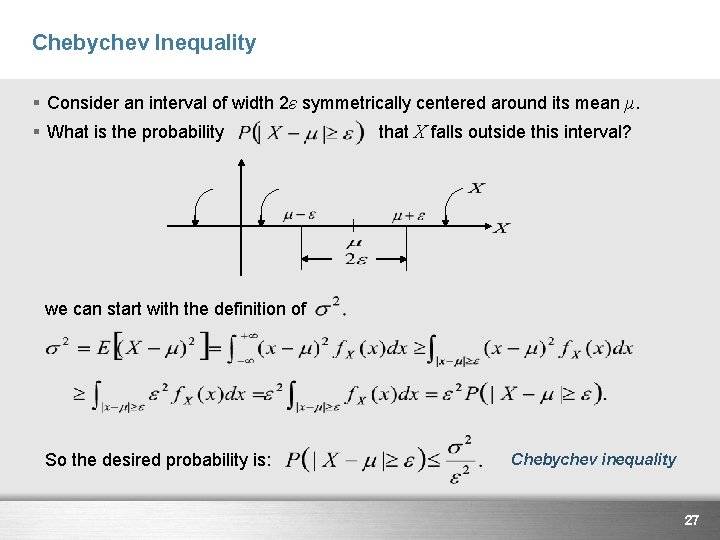 Chebychev Inequality § Consider an interval of width 2ε symmetrically centered around its mean