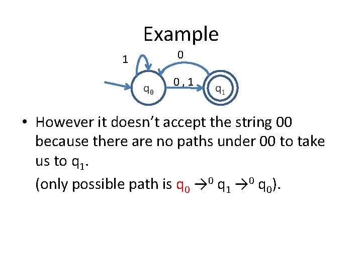 Example 0 1 q 0 0, 1 q 1 • However it doesn’t accept