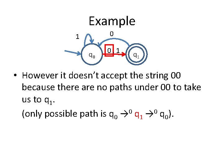 Example 0 1 q 0 0, 1 q 1 • However it doesn’t accept