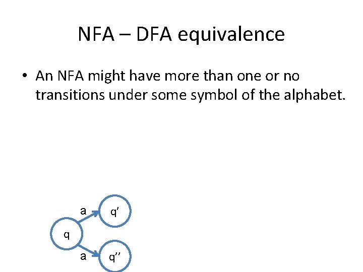 NFA – DFA equivalence • An NFA might have more than one or no