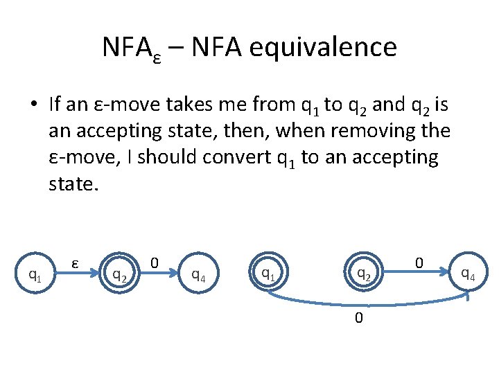 NFAε – NFA equivalence • If an ε-move takes me from q 1 to