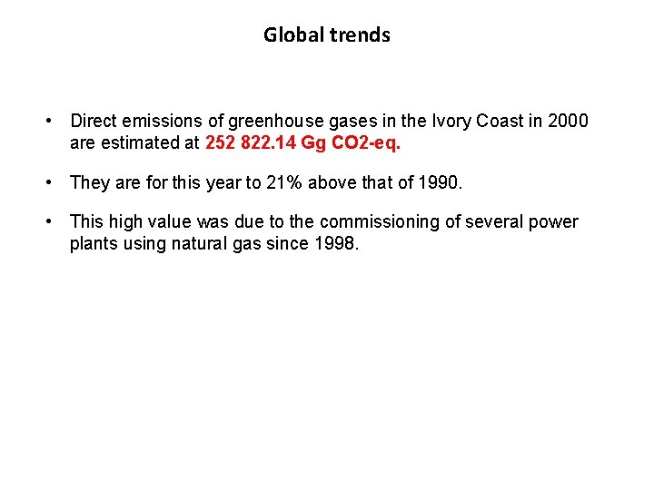 Global trends • Direct emissions of greenhouse gases in the Ivory Coast in 2000