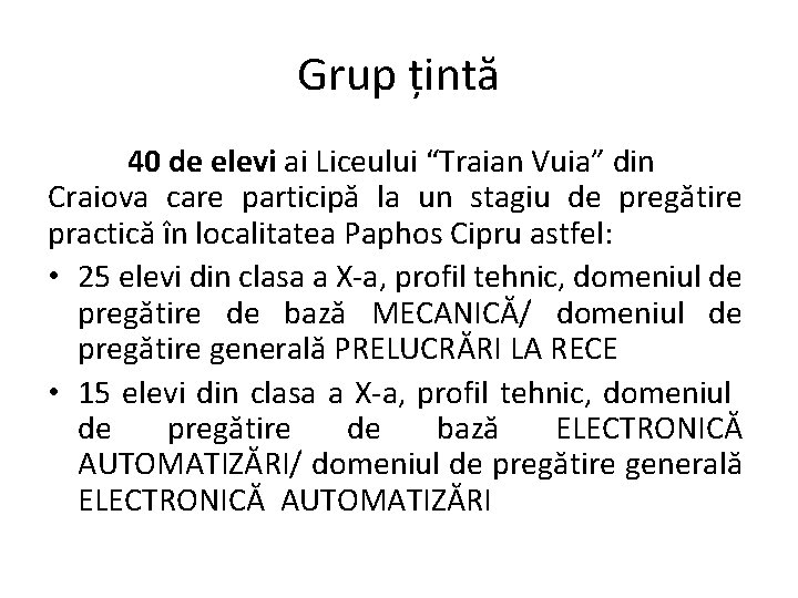 Grup țintă 40 de elevi ai Liceului “Traian Vuia” din Craiova care participă la