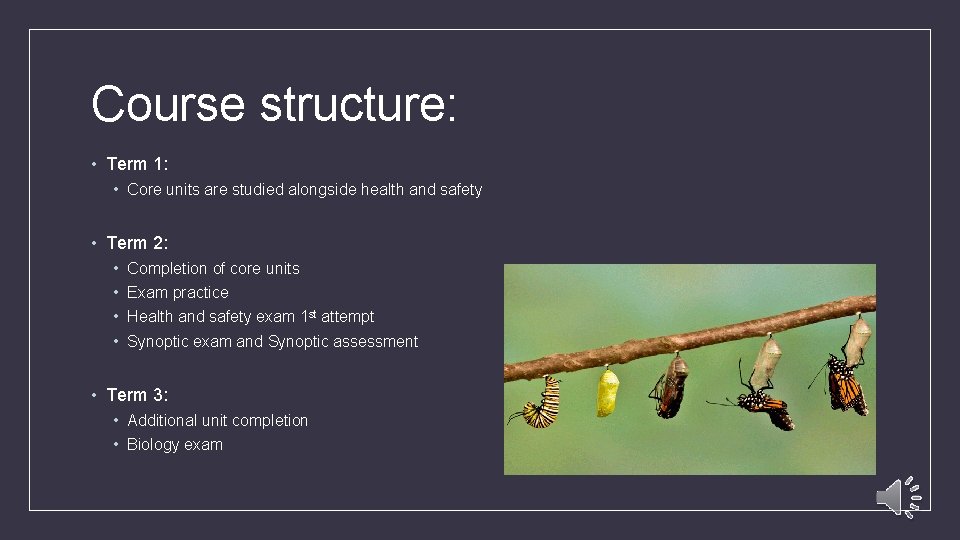 Course structure: • Term 1: • Core units are studied alongside health and safety
