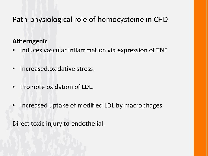 Path-physiological role of homocysteine in CHD Atherogenic • Induces vascular inflammation via expression of