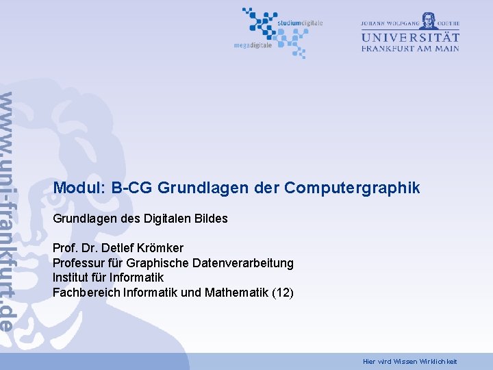 Modul: B-CG Grundlagen der Computergraphik Grundlagen des Digitalen Bildes Prof. Dr. Detlef Krömker Professur