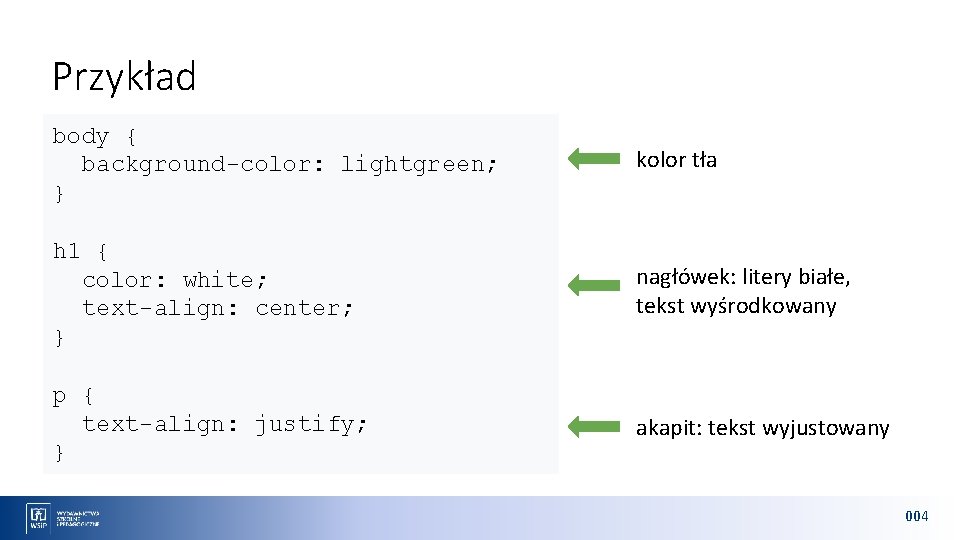 Przykład body { background-color: lightgreen; } kolor tła h 1 { color: white; text-align: