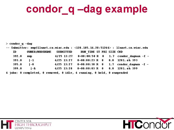 condor_q –dag example > condor_q -dag -- Submitter: nwp@llunet. cs. wisc. edu : <128.