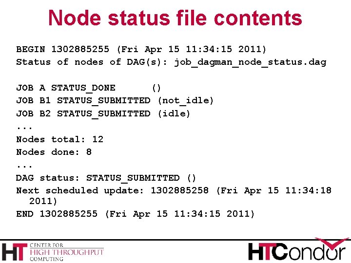Node status file contents BEGIN 1302885255 (Fri Apr 15 11: 34: 15 2011) Status