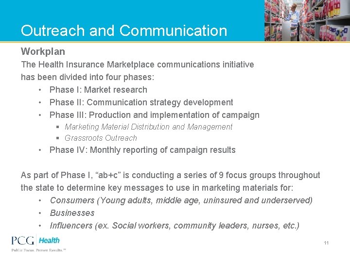Outreach and Communication Workplan The Health Insurance Marketplace communications initiative has been divided into
