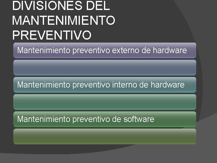 DIVISIONES DEL MANTENIMIENTO PREVENTIVO Mantenimiento preventivo externo de hardware Mantenimiento preventivo interno de hardware