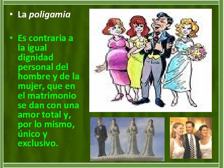  • La poligamia • Es contraria a la igual dignidad personal del hombre