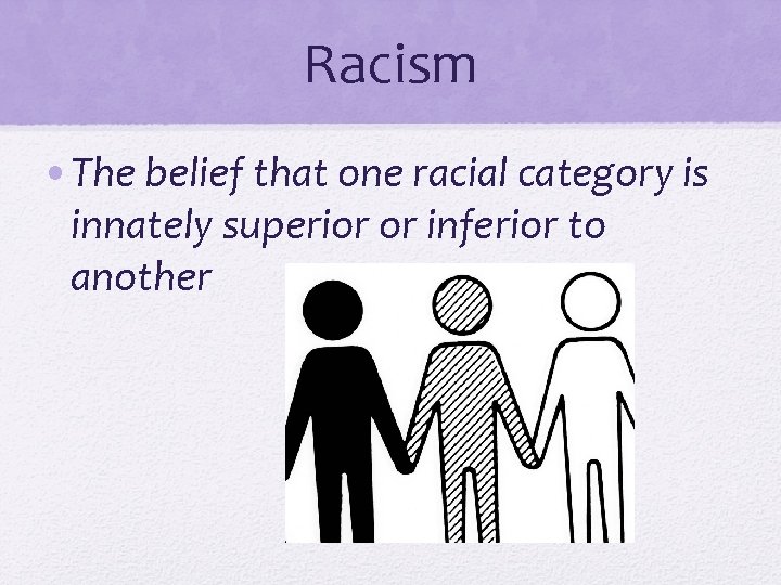 Racism • The belief that one racial category is innately superior or inferior to