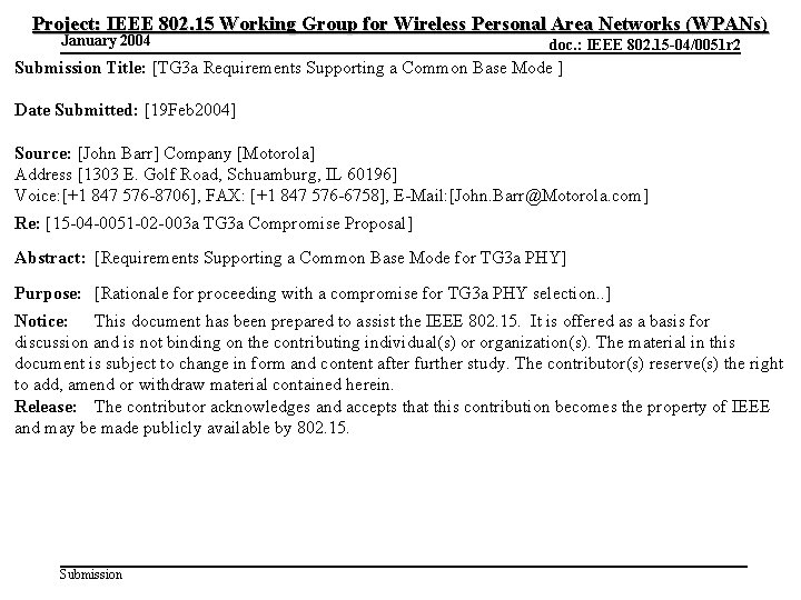 Project: IEEE 802. 15 Working Group for Wireless Personal Area Networks (WPANs) January 2004