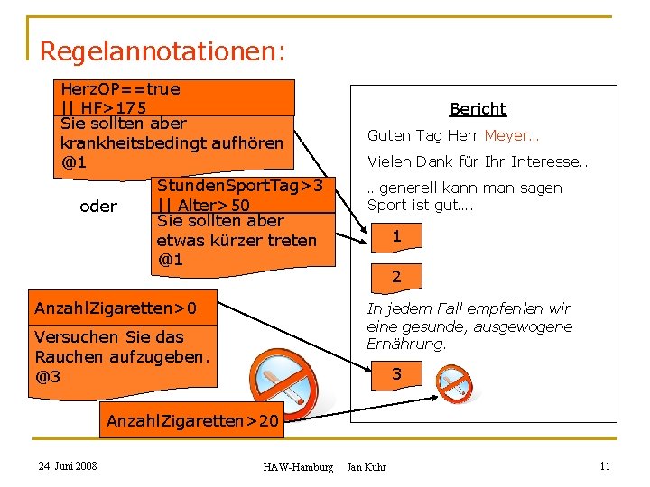 Regelannotationen: Herz. OP==true || HF>175 Sie sollten aber krankheitsbedingt aufhören @1 Stunden. Sport. Tag>3