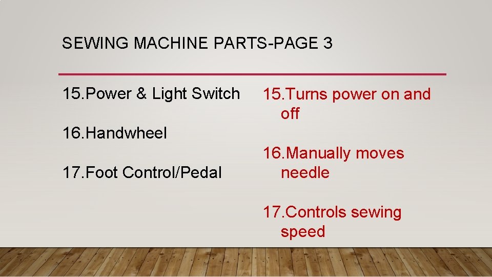 SEWING MACHINE PARTS-PAGE 3 15. Power & Light Switch 15. Turns power on and