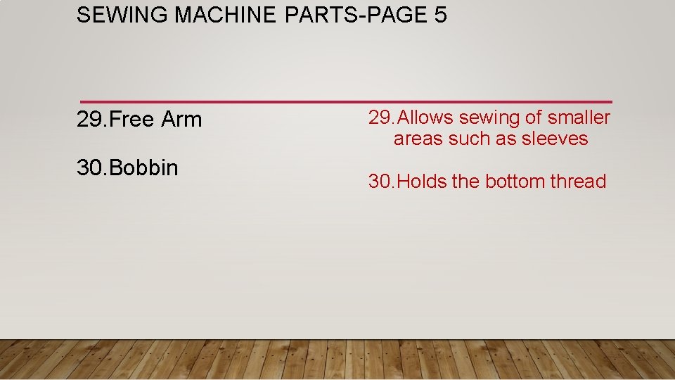 SEWING MACHINE PARTS-PAGE 5 29. Free Arm 30. Bobbin 29. Allows sewing of smaller
