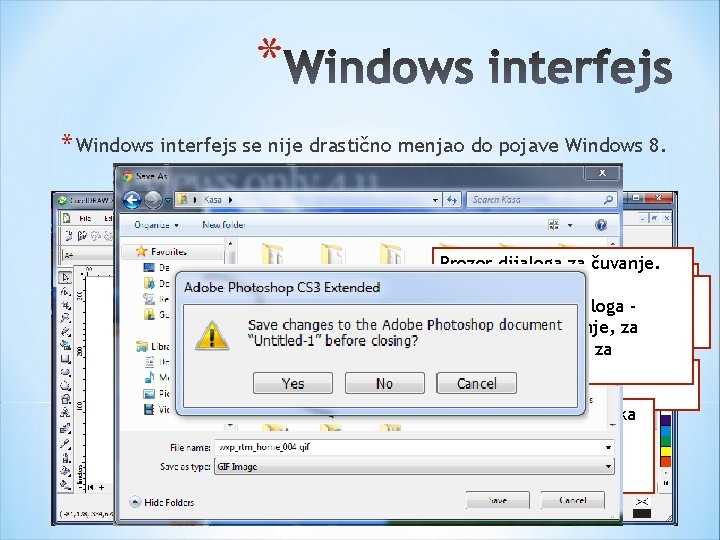 * * Windows interfejs se nije drastično menjao do pojave Windows 8. Prozor dijaloga