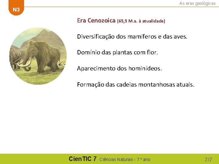 As eras geológicas N 3 Era Cenozoica (65, 5 M. a. à atualidade) Diversificação