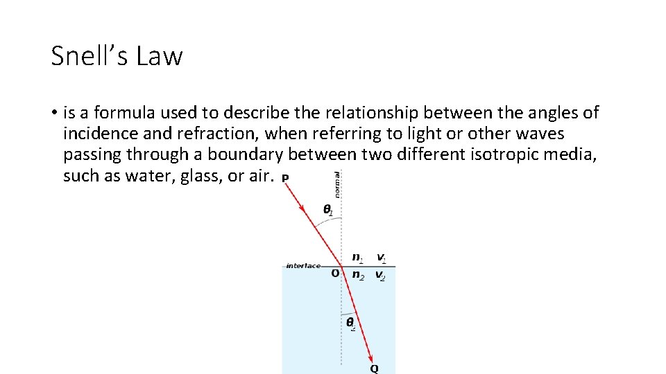 Snell’s Law • is a formula used to describe the relationship between the angles