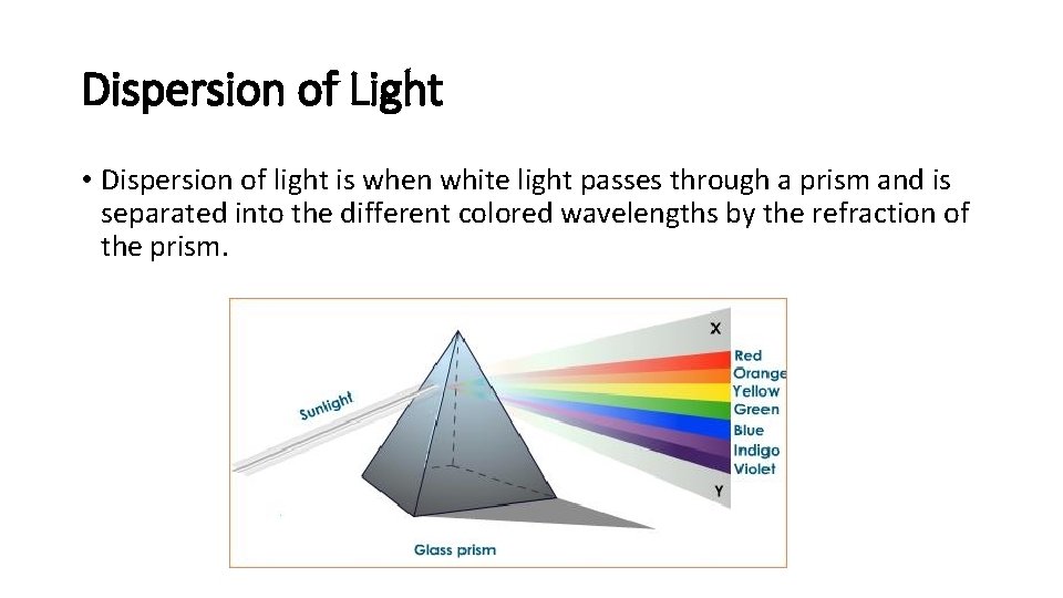Dispersion of Light • Dispersion of light is when white light passes through a