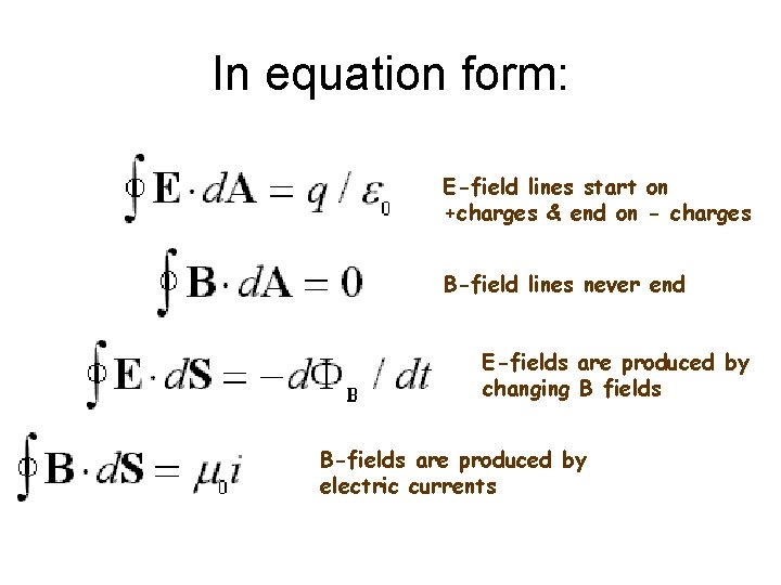 In equation form: E-field lines start on +charges & end on - charges B-field