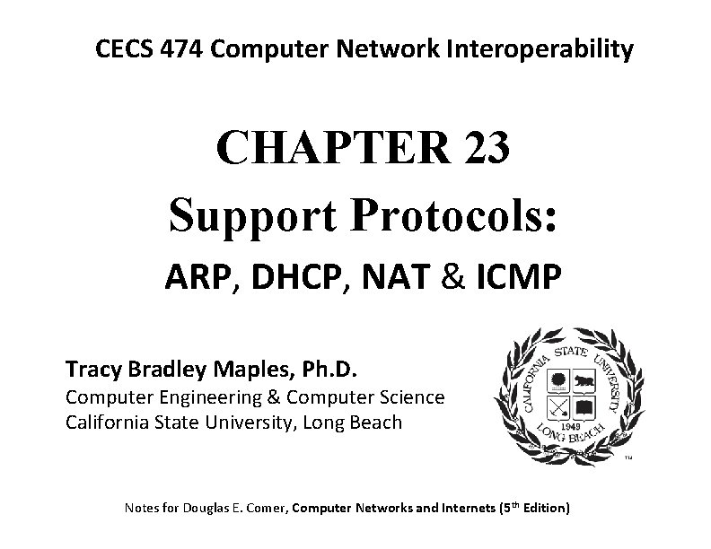 CECS 474 Computer Network Interoperability CHAPTER 23 Support Protocols: ARP, DHCP, NAT & ICMP