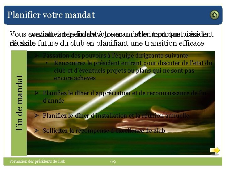 Planifier votre mandat Fin de mandat Vous avez atteint la fin de votre mandat