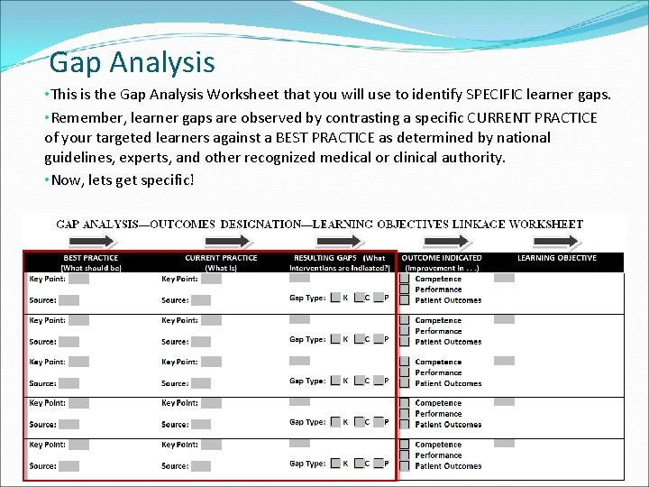 Gap Analysis • This is the Gap Analysis Worksheet that you will use to