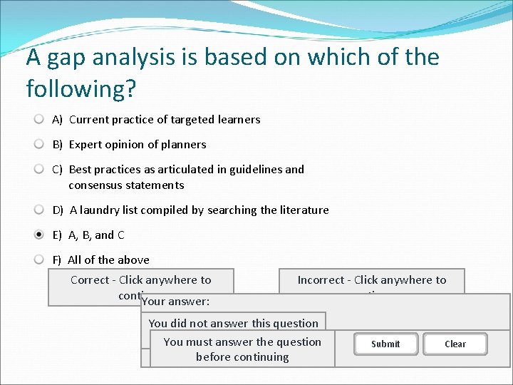 A gap analysis is based on which of the following? A) Current practice of