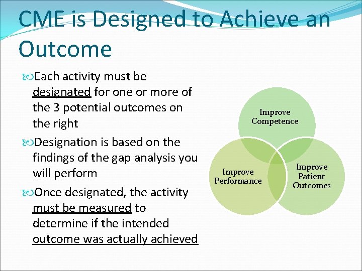 CME is Designed to Achieve an Outcome Each activity must be designated for one