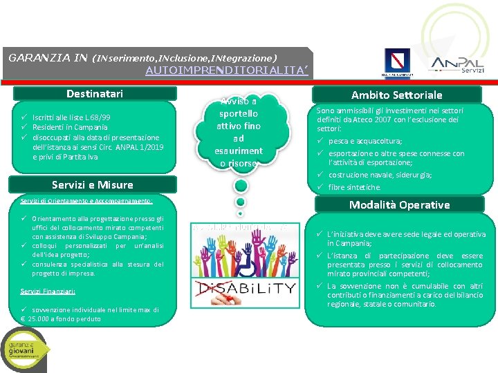 GARANZIA IN (INserimento, INclusione, INtegrazione) AUTOIMPRENDITORIALITA’ Destinatari Iscritti alle liste L. 68/99 Residenti in