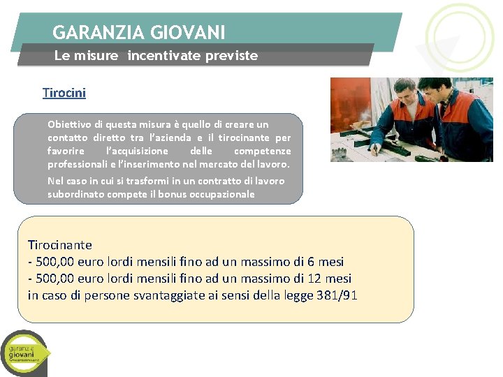 GARANZIA GIOVANI Le misure incentivate previste Tirocini Obiettivo di questa misura è quello di GARANZIA GIOVANI Le misure incentivate previste Tirocini Obiettivo di questa misura è quello di