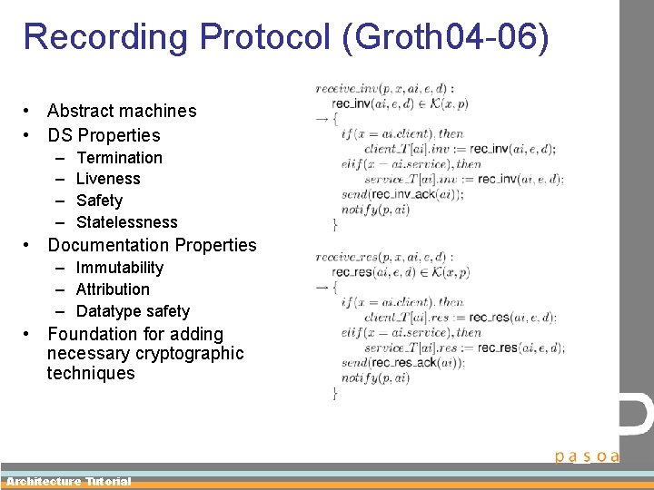 Recording Protocol (Groth 04 -06) • Abstract machines • DS Properties – – Termination