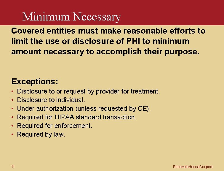 Minimum Necessary Covered entities must make reasonable efforts to limit the use or disclosure