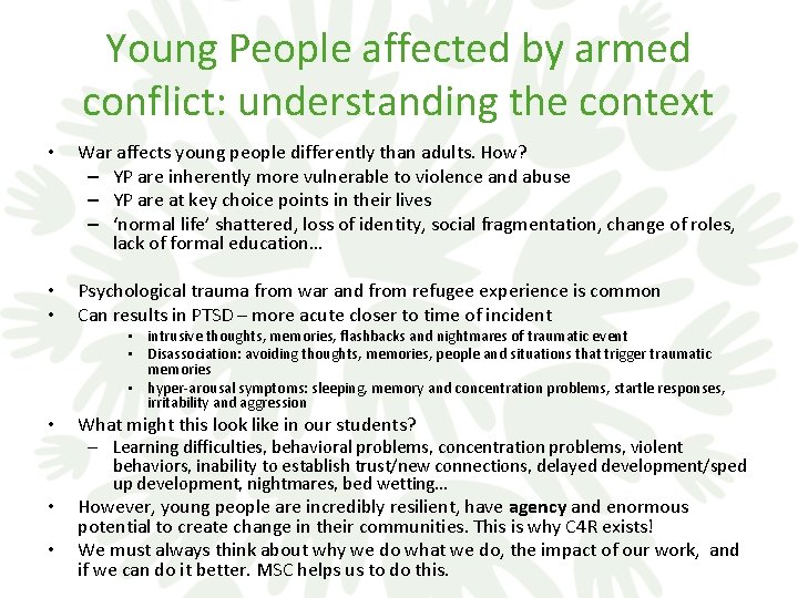 Young People affected by armed conflict: understanding the context • War affects young people