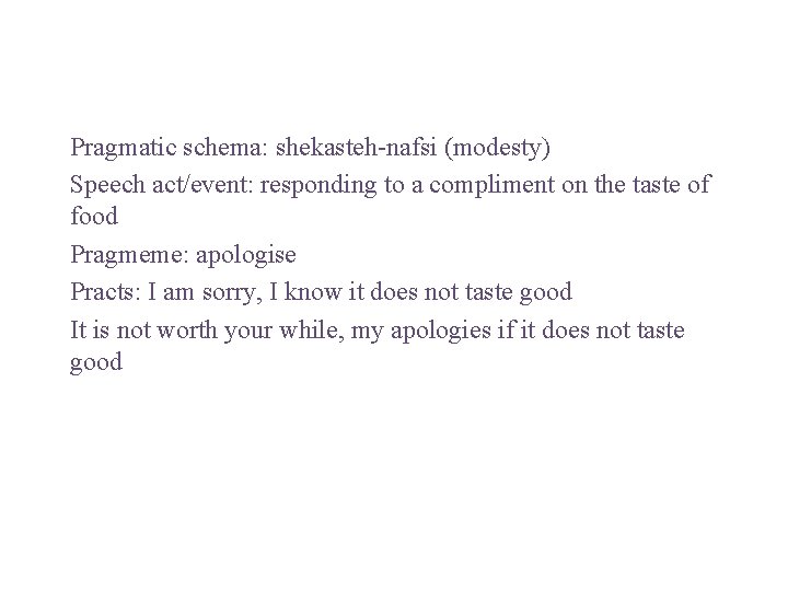 Pragmatic schema: shekasteh-nafsi (modesty) Speech act/event: responding to a compliment on the taste of