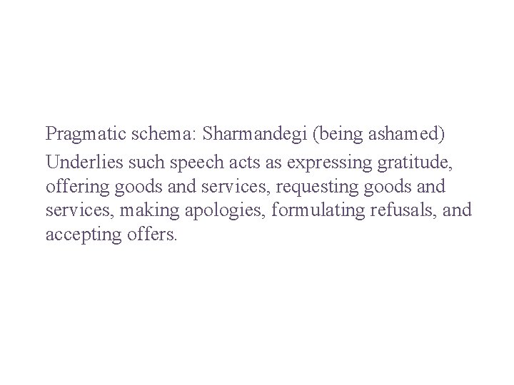 Pragmatic schema: Sharmandegi (being ashamed) Underlies such speech acts as expressing gratitude, offering goods