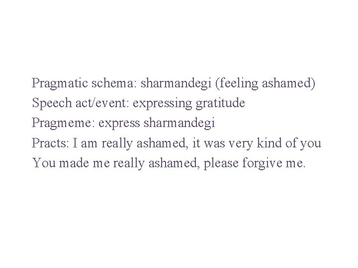 Pragmatic schema: sharmandegi (feeling ashamed) Speech act/event: expressing gratitude Pragmeme: express sharmandegi Practs: I