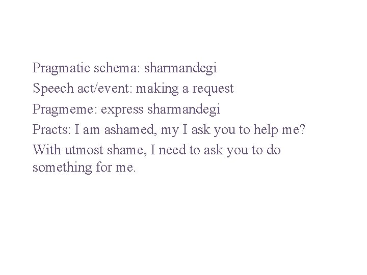 Pragmatic schema: sharmandegi Speech act/event: making a request Pragmeme: express sharmandegi Practs: I am