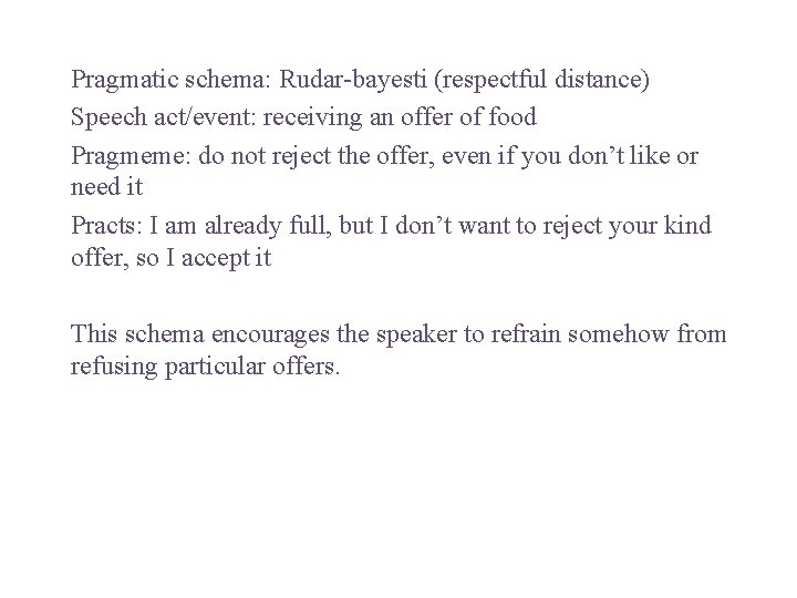 Pragmatic schema: Rudar-bayesti (respectful distance) Speech act/event: receiving an offer of food Pragmeme: do
