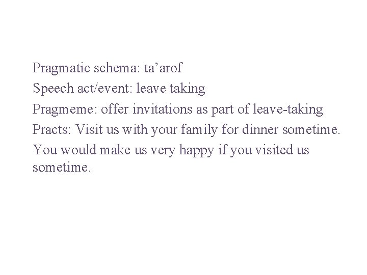 Pragmatic schema: ta’arof Speech act/event: leave taking Pragmeme: offer invitations as part of leave-taking