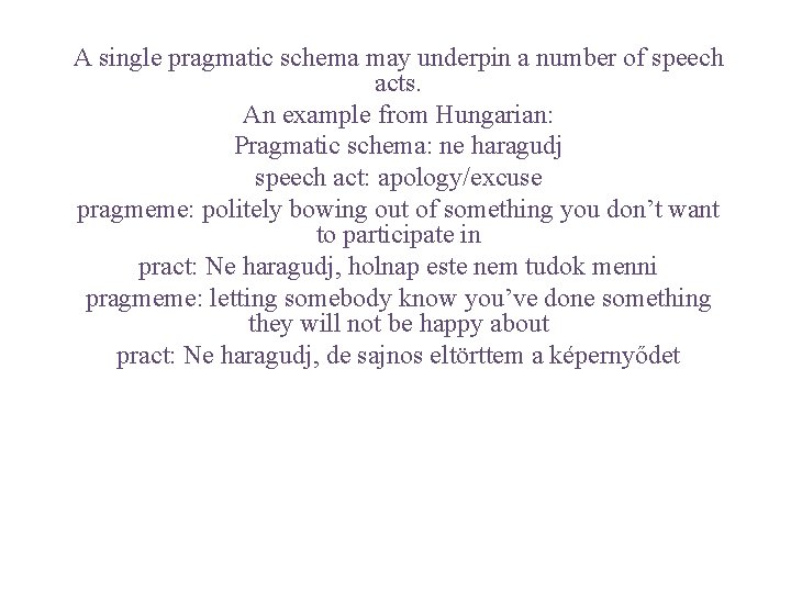 A single pragmatic schema may underpin a number of speech acts. An example from