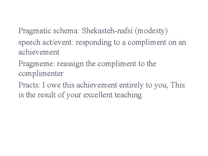 Pragmatic schema: Shekasteh-nafsi (modesty) speech act/event: responding to a compliment on an achievement Pragmeme: