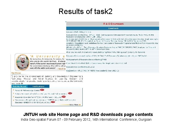 Results of task 2 JNTUH web site Home page and R&D downloads page contents Results of task 2 JNTUH web site Home page and R&D downloads page contents