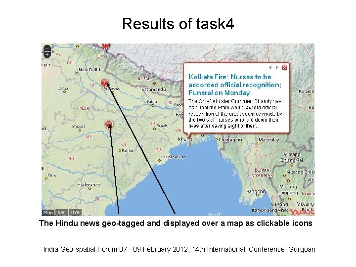 Results of task 4 The Hindu news geo-tagged and displayed over a map as Results of task 4 The Hindu news geo-tagged and displayed over a map as
